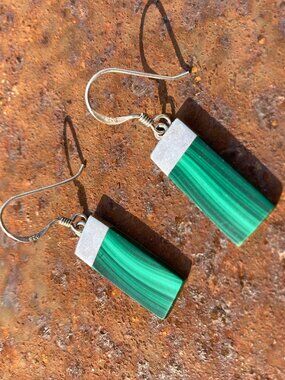 Modern Southwestern Boma 925 Sterling Solid Silver Malachite Rectangle Earrings